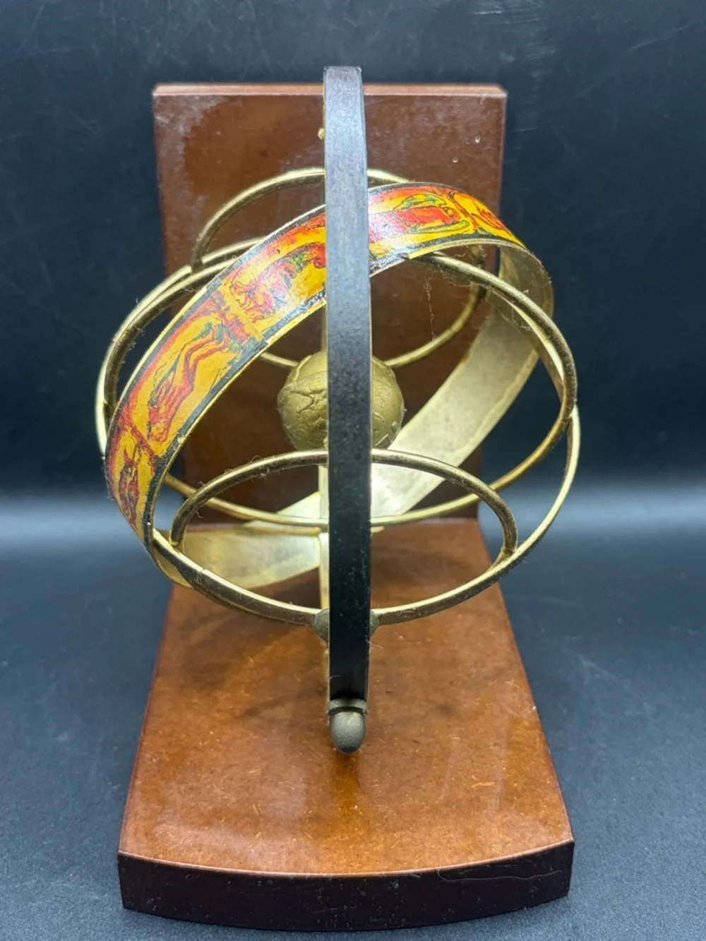 Vintage Italian Brass Armillary Sphere Zodiac Climate Zones Wooden Base Bookend